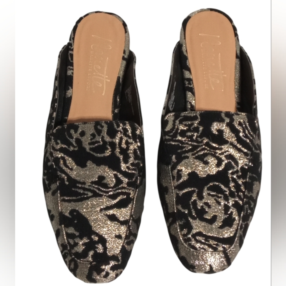 Nanette Lepore Black and Gold Velvet-Embellished Slip-On Loafers